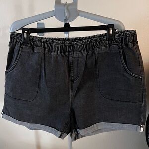 Black Jean Shorts with Elastic Waist and Cuffed Hem